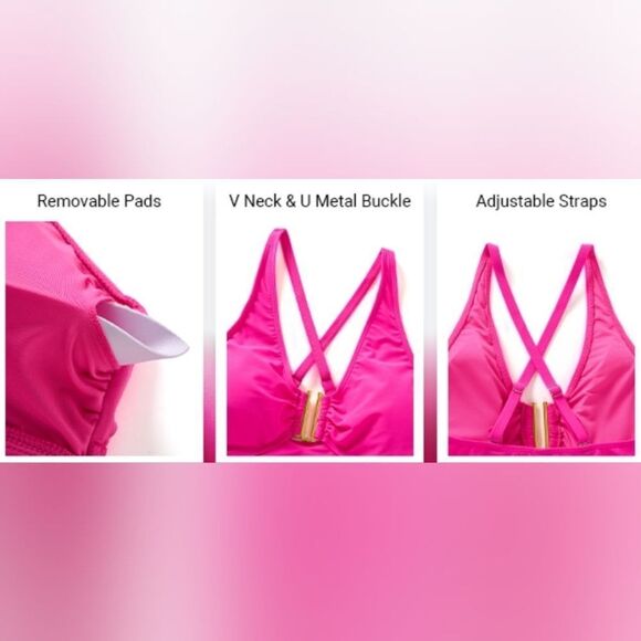 ⏭️NWT Neon Pink & Gold U-Buckle Adjustable Tankini Swim Top Medium - Picture 4 of 13